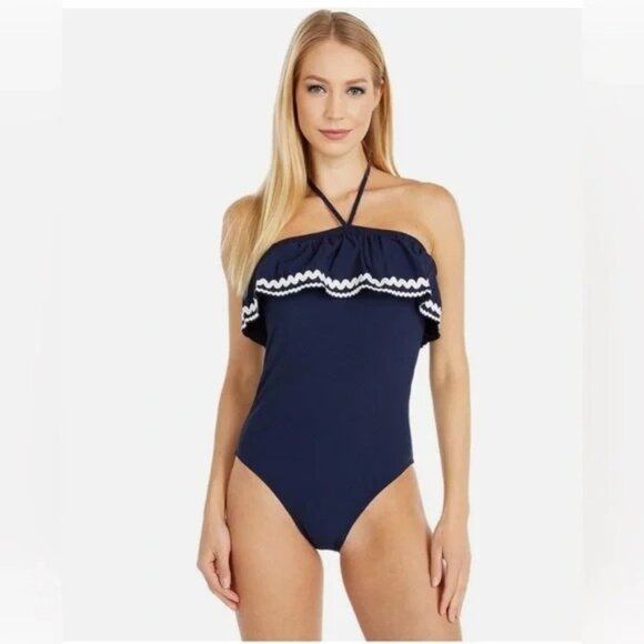 J.Crew Rickrack Ruffle Bandeau One Piece Swimsuit Womens Size 4 Navy Tie Neck - Picture 1 of 10